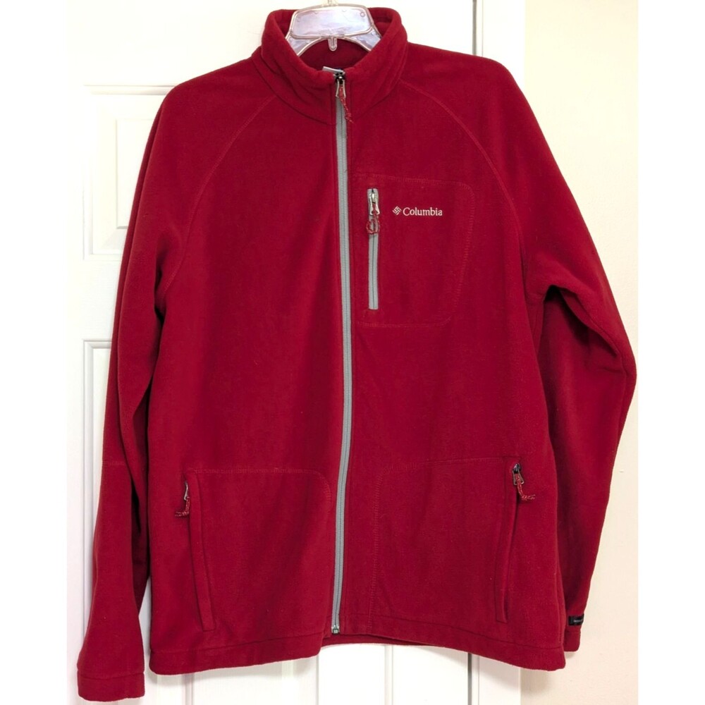Columbia Men L Red Interchange Full Zip Fleece Jacket Coat Pocket AM3039 Outdoor